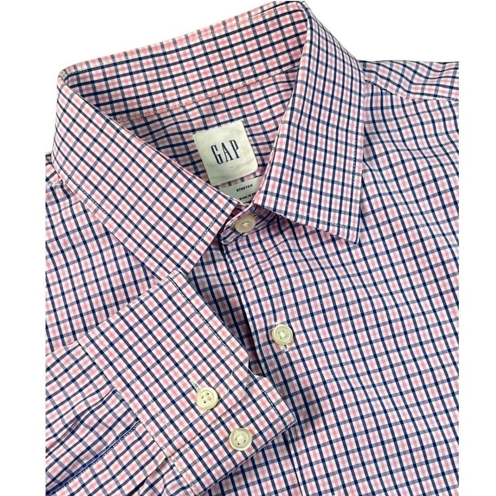 Gap Men's S Pink Blue Checkered Plaid Long Sleeve Stretch Button Down Shirt